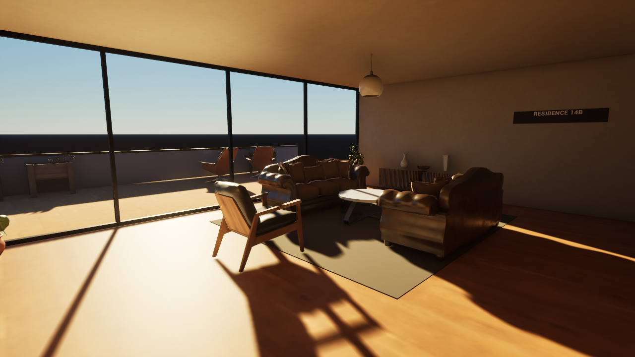 A picture of A penthouse sales suite in Unreal Engine from the game running on a flat screen